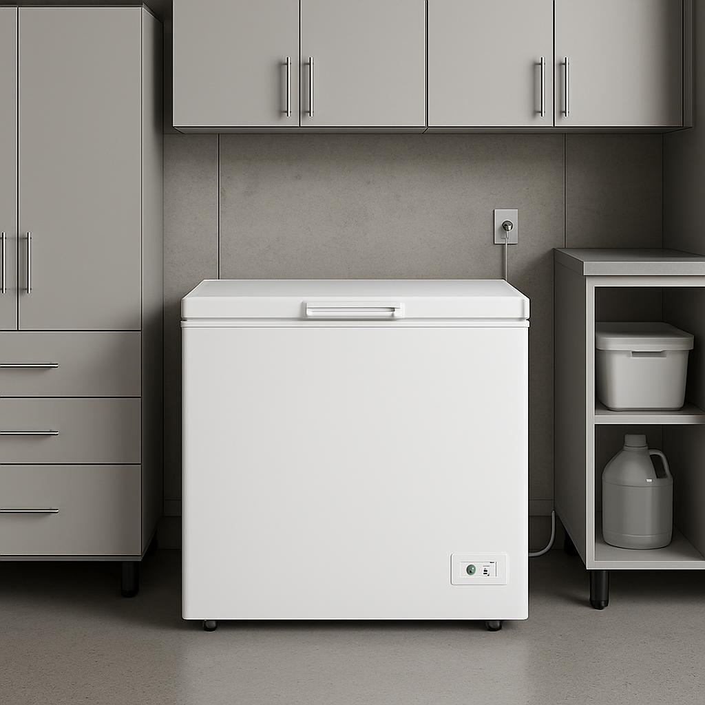 The image features a white freezer in a corner of a kitchen, surrounded by cabinets and shelves. The freezer has a flat to...