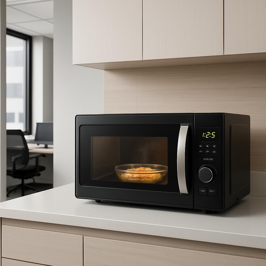 A modern kitchen setting with a microwave oven on a white countertop and light-colored cabinets in the background. The mic...