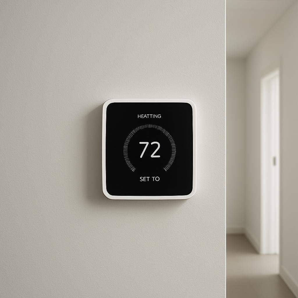 A thermostat mounted on a gray wall, with a black face showing "72" in the middle and the words "HEATING" and "SET TO" abo...